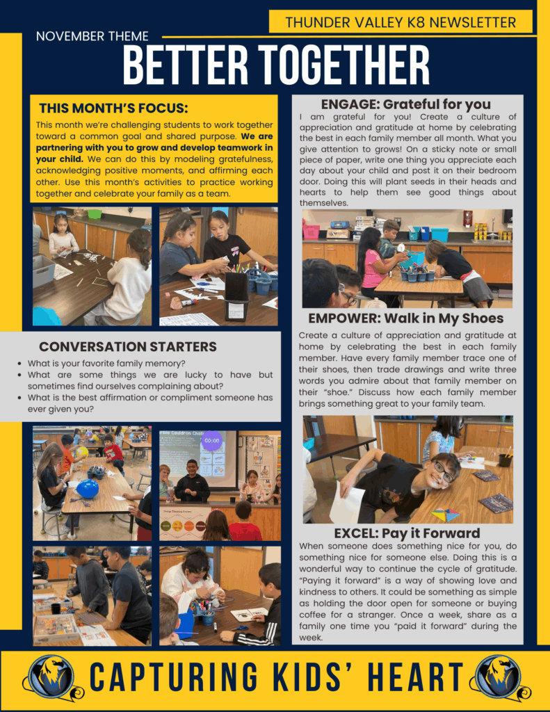 Newsletter for Thunder Valley K8 highlights teamwork, gratitude activities, and family engagement for November.