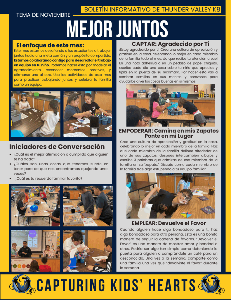 Newsletter for Thunder Valley K8 highlights teamwork, gratitude, and family activities for November.