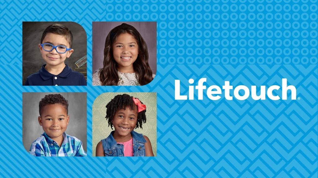 Four school portraits of children with diverse hairstyles and clothing, set against a blue Lifetouch background.