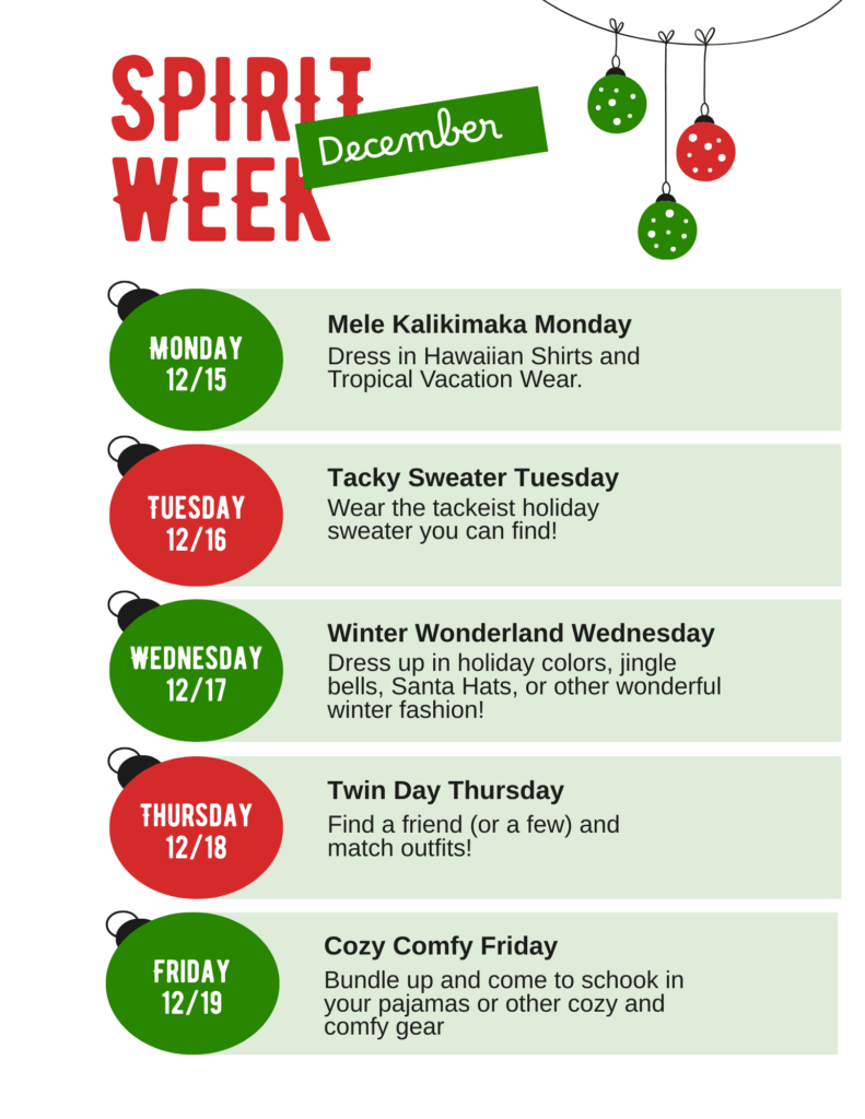 Event schedule for Spirit Week in December, featuring themed dress days from December 15 to 19.