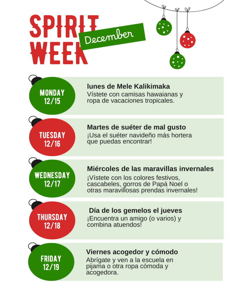 Spirit Week schedule for December with themed dress days from December 15 to 19, featuring festive attire ideas.