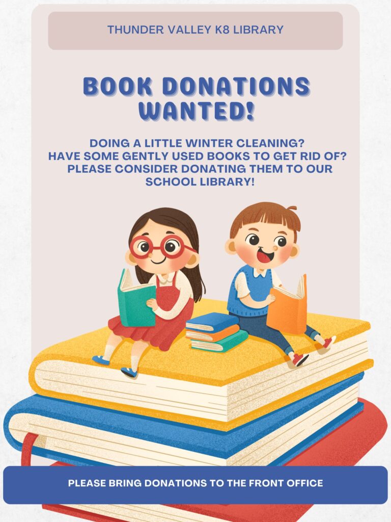 Illustration promoting book donations for Thunder Valley K8 Library, featuring two children reading on stacked books.