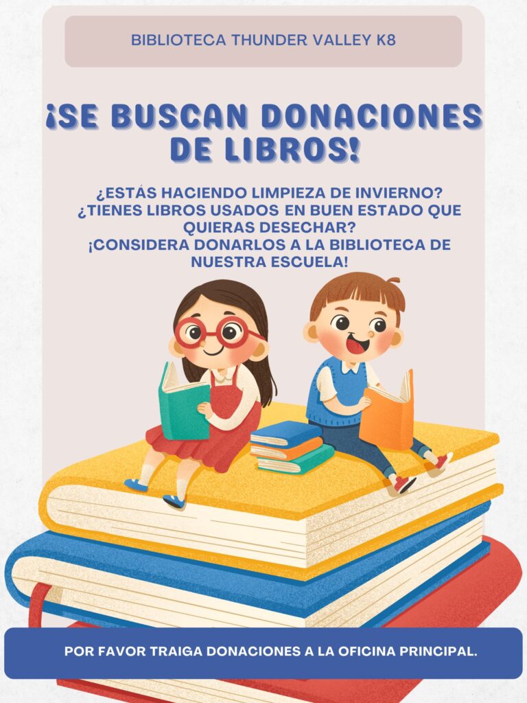 A colorful poster asking for book donations, featuring children reading on stacked books, with donation details below.