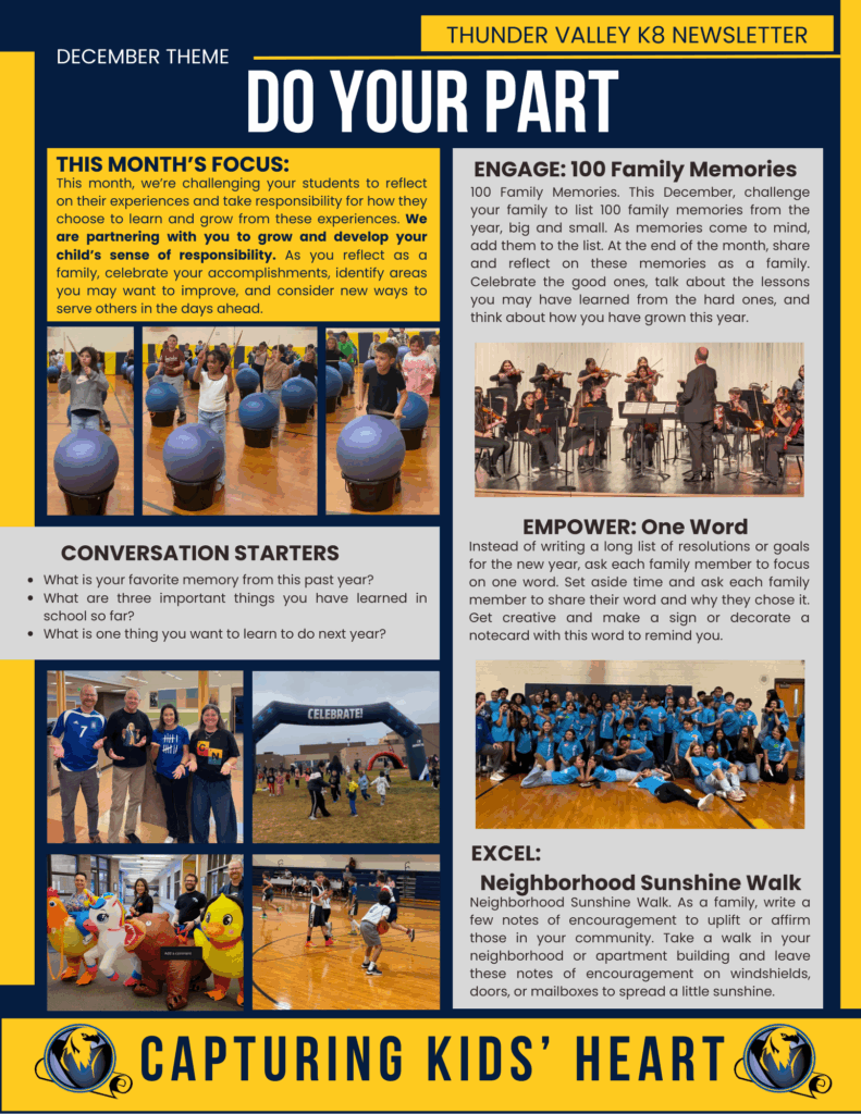 Newsletter for Thunder Valley K8 highlights December's focus on family reflection, responsibility, and community engagement activities.