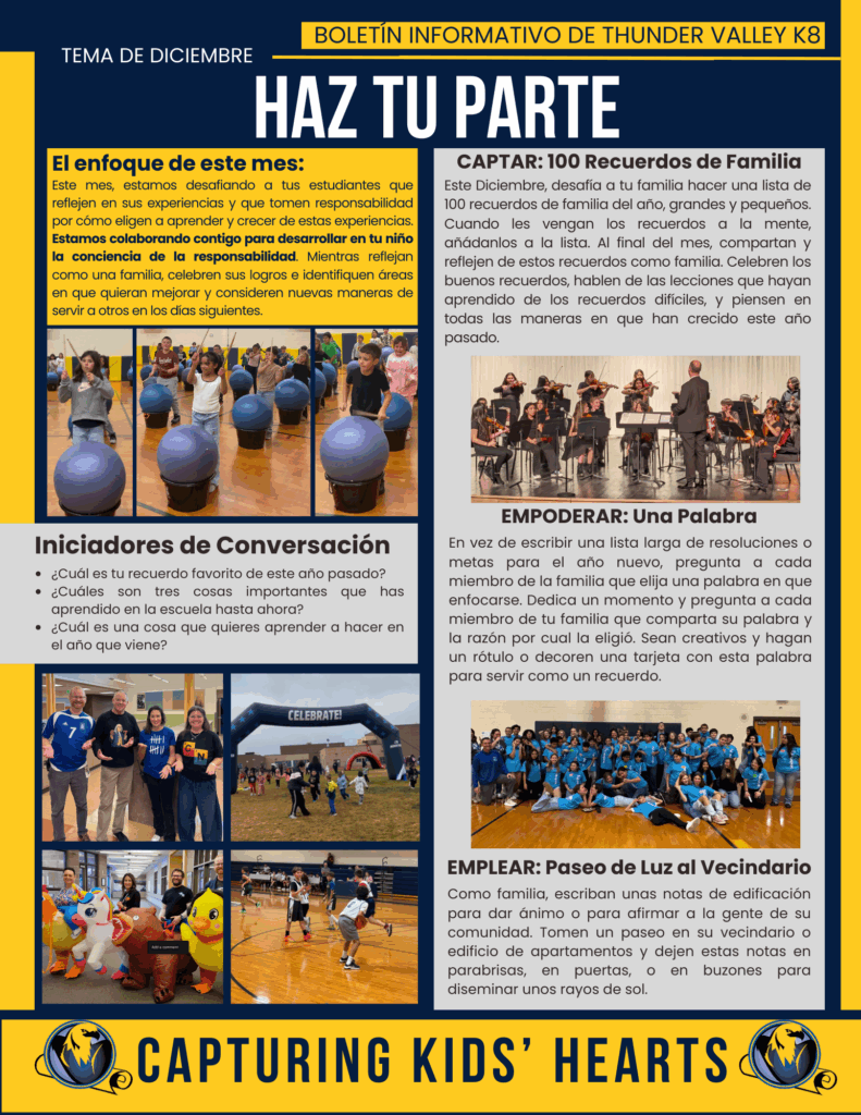 Newsletter for Thunder Valley K8, featuring family activities, conversation starters, and community engagement ideas.