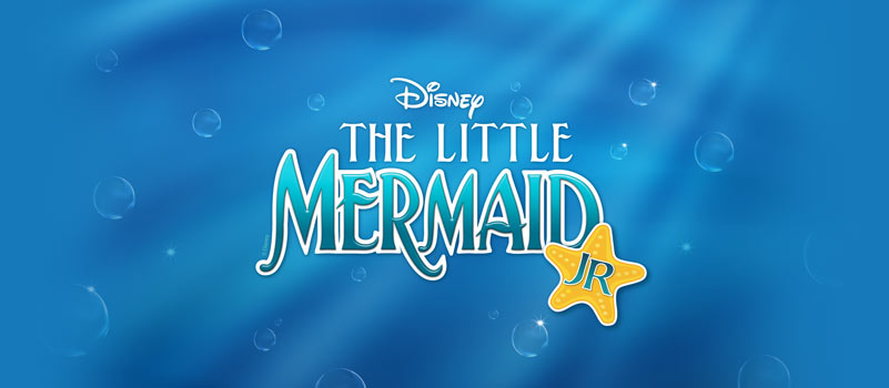Logo for Disney's The Little Mermaid Jr., featuring a blue underwater background and a yellow starfish.