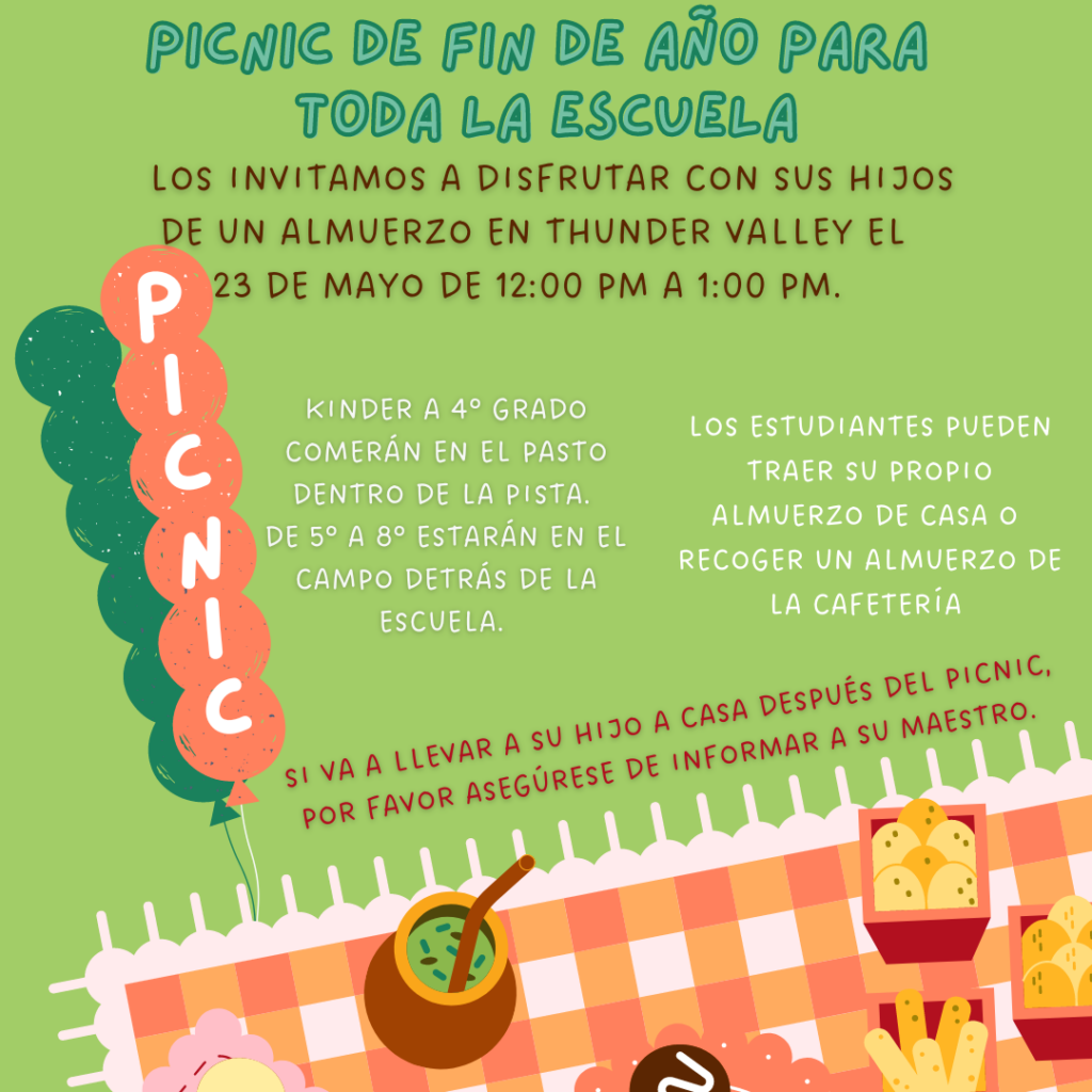 Spanish Flyer - TVK8 All School Picnic May 23rd 12:00 pm-1:00 pm