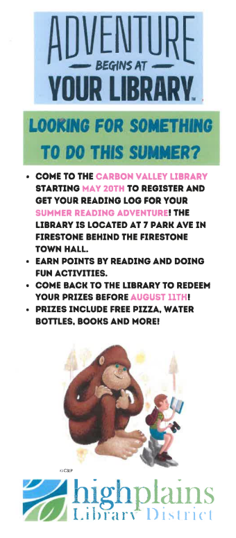 Adventure Begins at Your Library. High Plains Library District Summer Program Flyer.