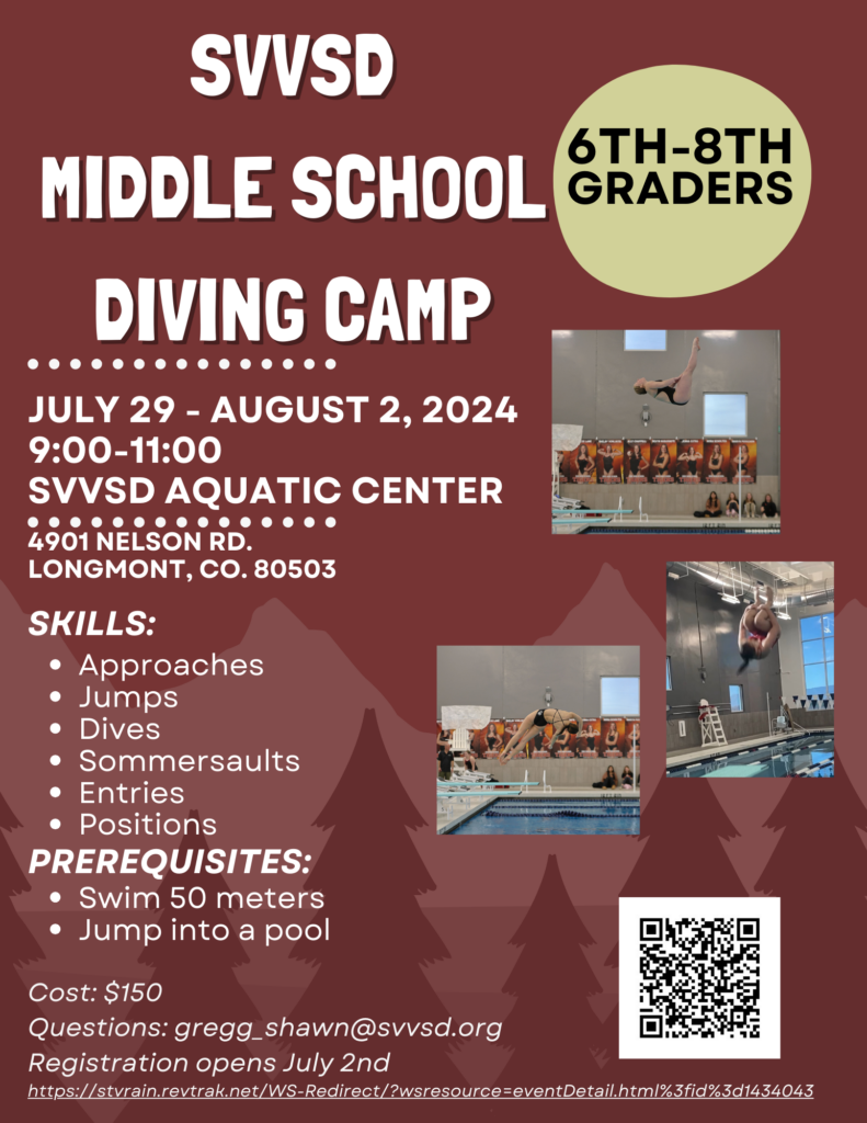 SVVSD Middle School Diving Camp July 29-August 2, 2024 9:00-11:00 SVVSD Aquatic Center