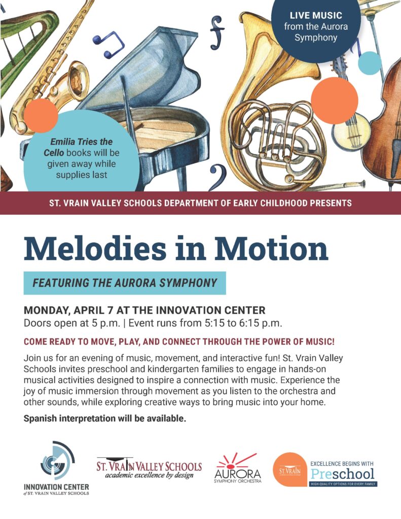 Event flyer for "Melodies in Motion" featuring the Aurora Symphony, encouraging music interaction for families.