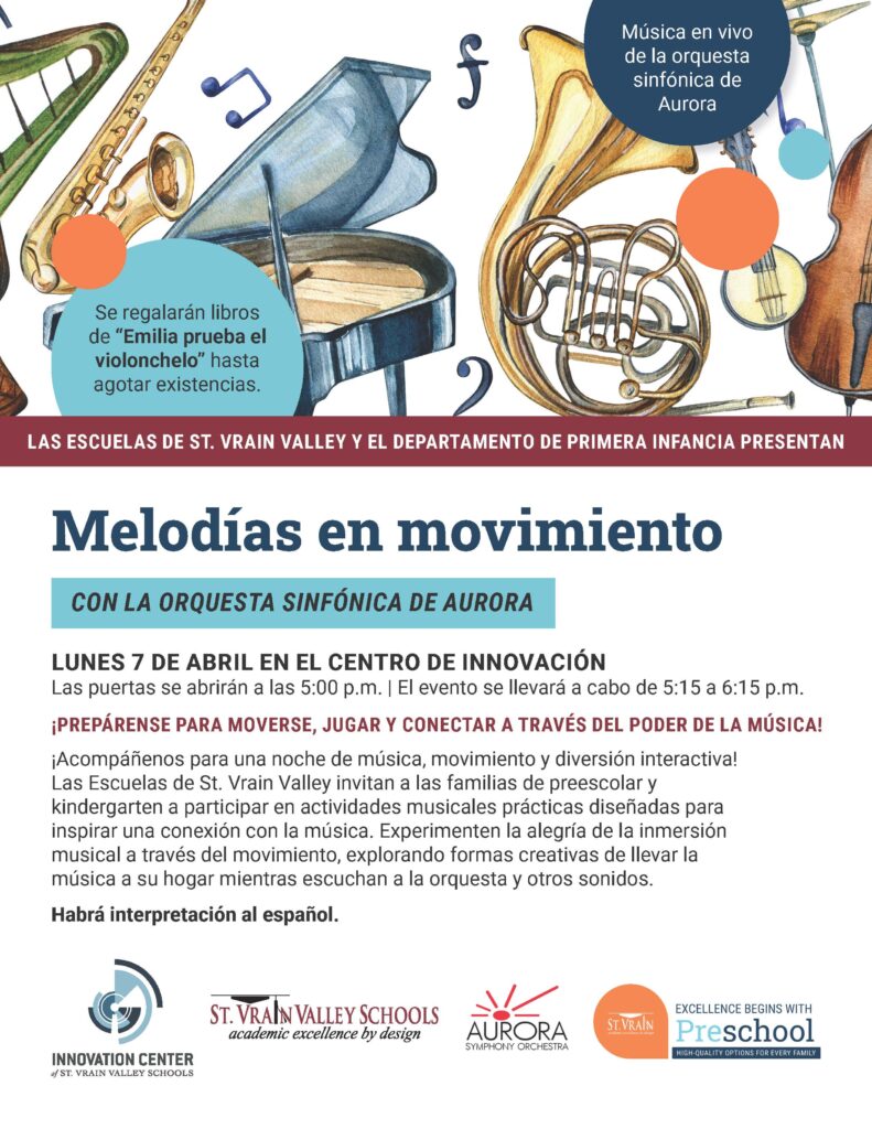 Colorful illustration of musical instruments with event details for "Melodías en movimiento" by the Aurora Symphony.