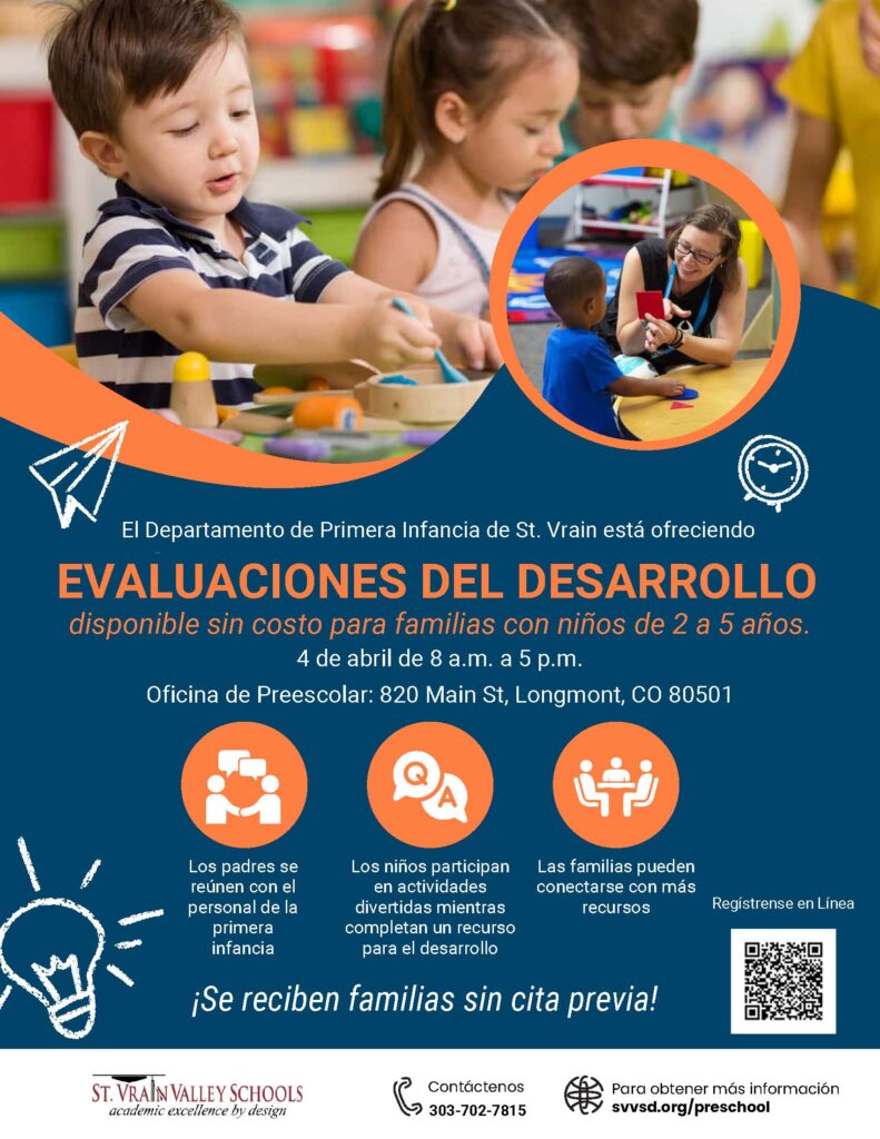 Event flyer for free developmental evaluations for families with children ages 2-5 in Longmont, Colorado.