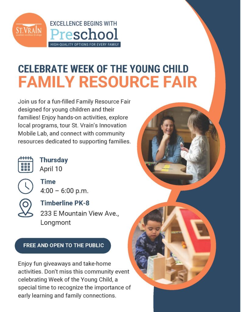 Family Resource Fair flyer for young children, detailing activities, location, date, and community engagement information.