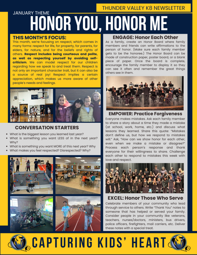 Newsletter highlighting the theme "Honor You, Honor Me," focusing on respect in various forms and encouraging family engagement.