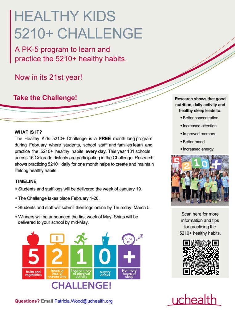 Image of a flyer promoting the Healthy Kids 5210+ Challenge, detailing program info, timeline, and benefits of healthy habits.