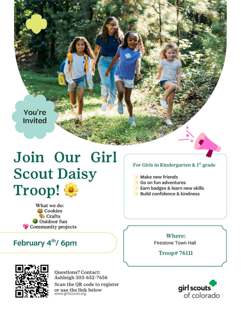 A group of girls and a woman walk through a forest, inviting others to join the Girl Scout Daisy Troop.