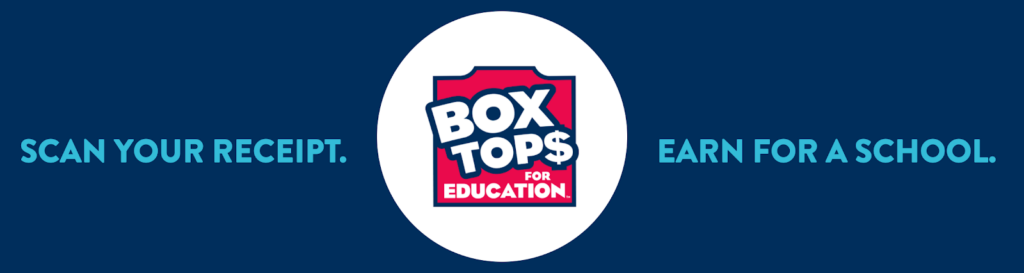 Graphic promoting Box Tops for Education, encouraging receipt scanning to earn funds for schools.