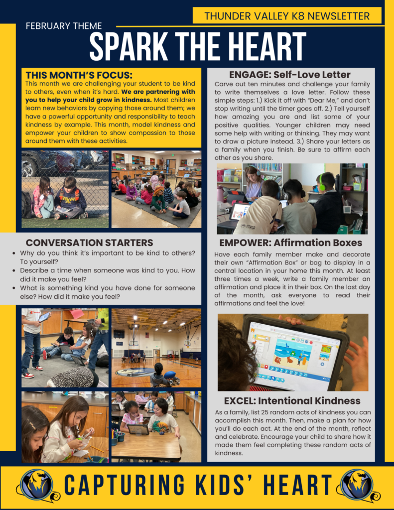 Newsletter promoting kindness in children with activities and conversation starters. Features images of kids engaged in activities.