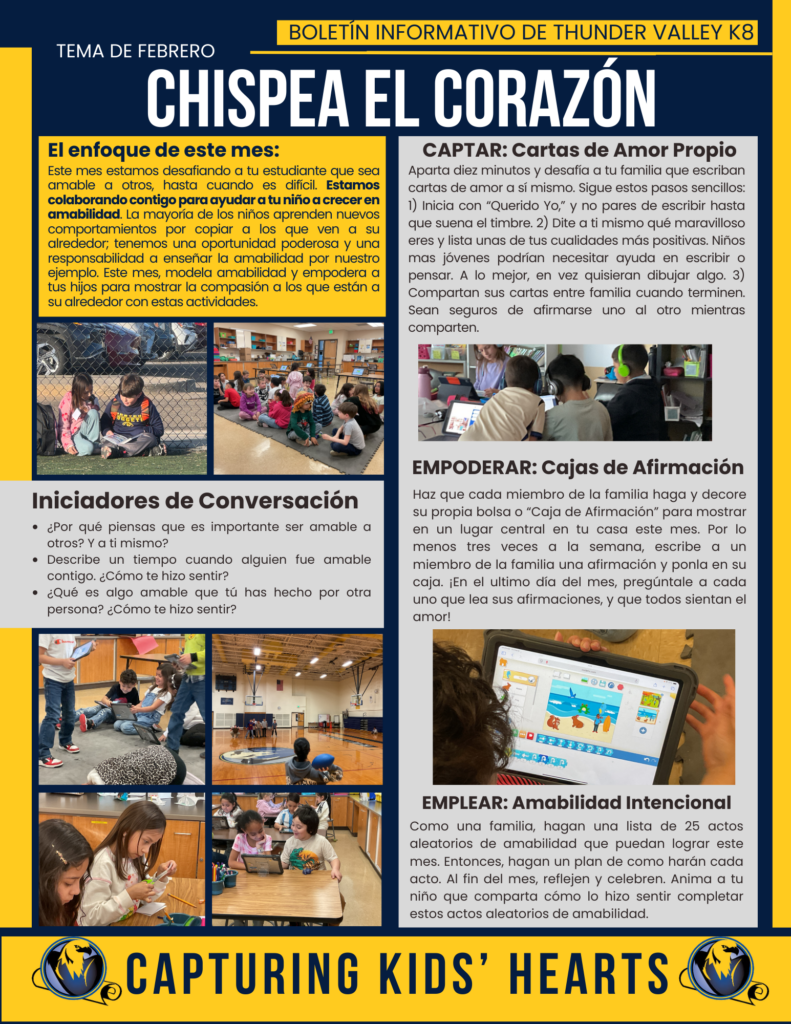 Informative bulletin from Thunder Valley K8 for February, focusing on kindness and activities for students and families.