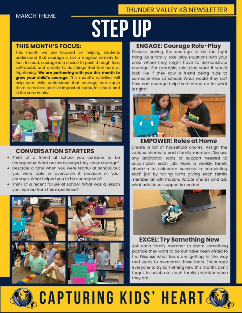 Newsletter for Thunder Valley K8, focusing on courage with activities for students and families to engage and empower.
