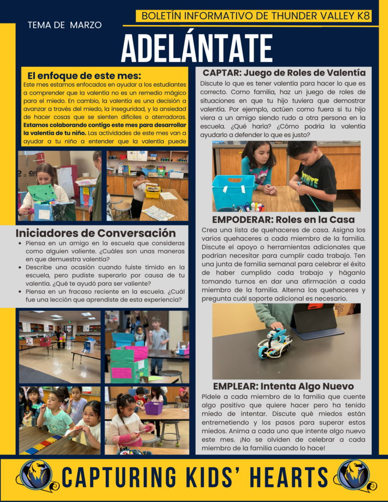 Image of a bilingual bulletin from Thunder Valley K8 focused on courage, featuring activities for students and families.