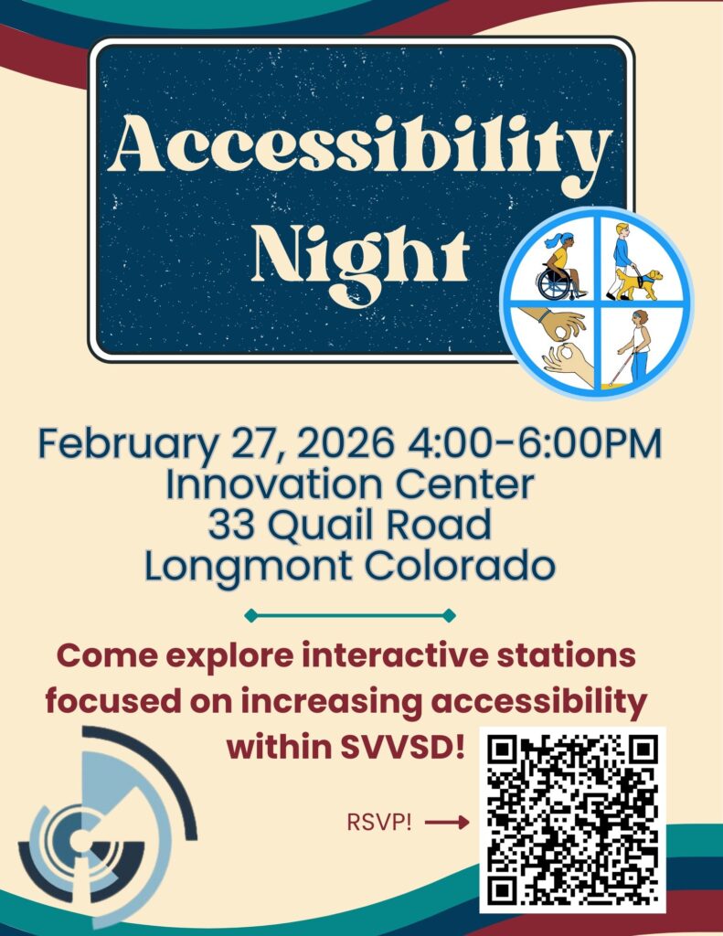 Event poster for Accessibility Night on February 27, 2026, from 4-6 PM at Innovation Center, Longmont, Colorado.