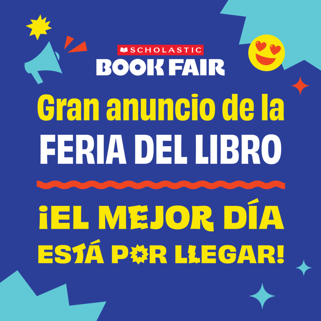 Colorful graphic announcing the Scholastic Book Fair, highlighting an exciting upcoming day for the event.