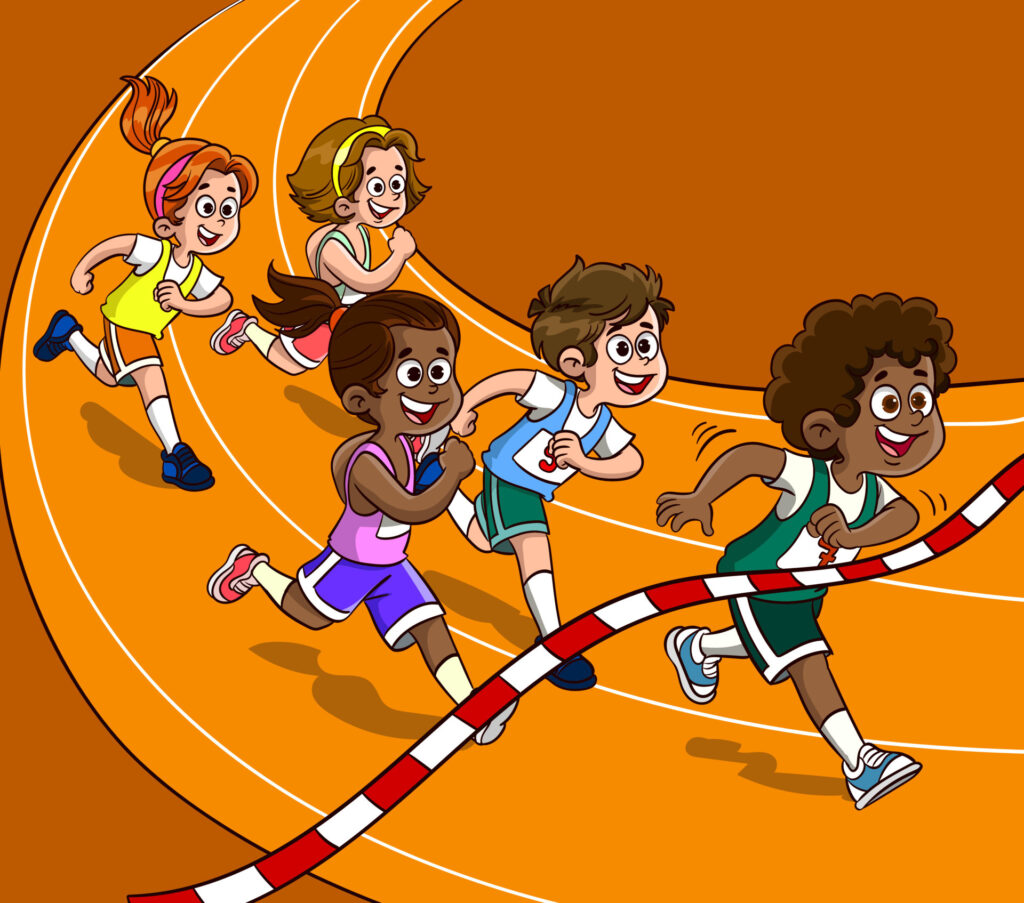 Five children of diverse backgrounds are joyfully running on a track, with a finish line in the foreground.