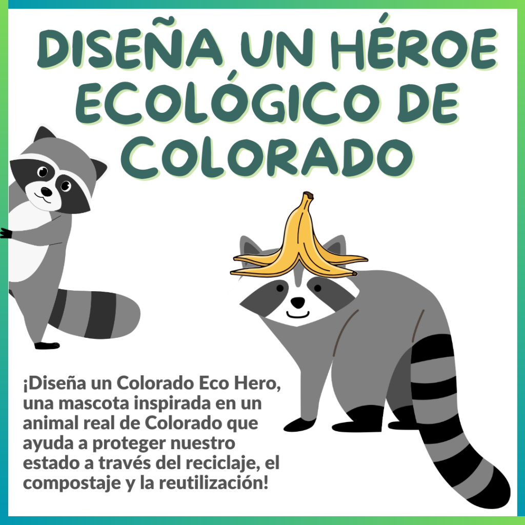 Illustration of two raccoons with a banana hat, promoting an eco hero design contest in Colorado.
