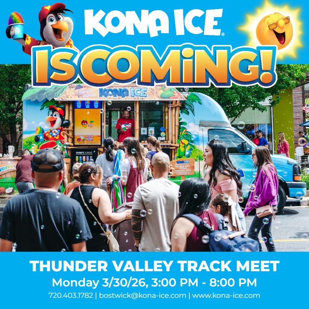 Kona Ice truck at Thunder Valley Track Meet, with a crowd enjoying treats on March 30, 2026, from 3 PM to 8 PM.