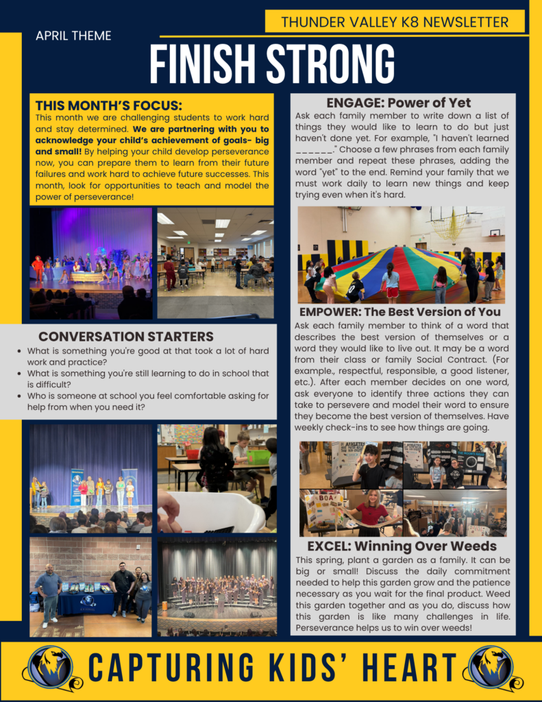 Newsletter titled "Finish Strong" features themes of perseverance, family engagement, and student achievements with various activities.