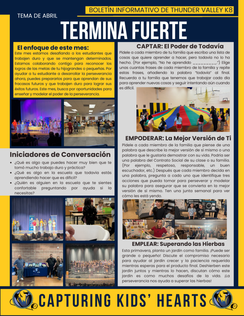 April newsletter from Thunder Valley K8 focuses on perseverance, conversation starters, and community activities.