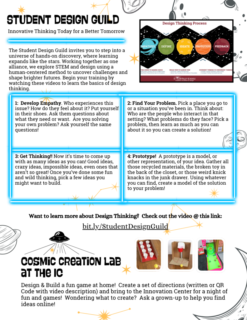 Infografía sobre el Círculo de Diseño Estudiantil, en la que se describen los pasos del pensamiento de diseño y se promociona un evento del Laboratorio de Creación Cósmica.