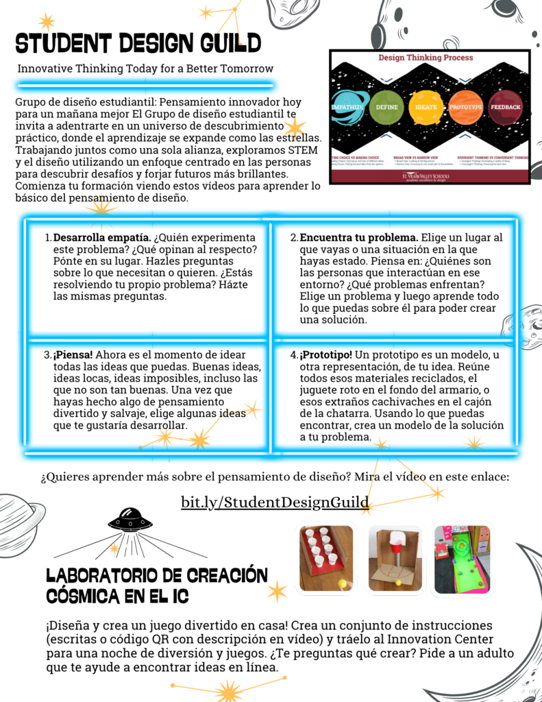 Cartel de la Asociación de Diseño Estudiantil en el que se describen las etapas del pensamiento de diseño: empatía, identificación del problema, generación de ideas y creación de prototipos.