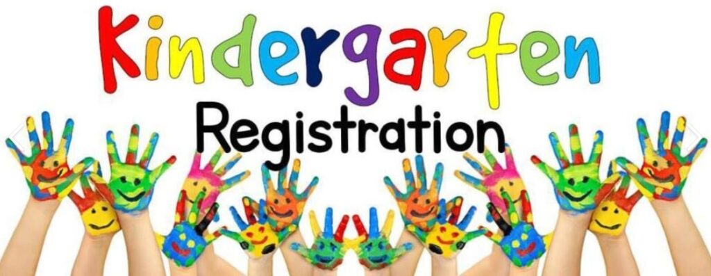 Colorful handprints with smiley faces surround the text "Kindergarten Registration" in playful fonts.
