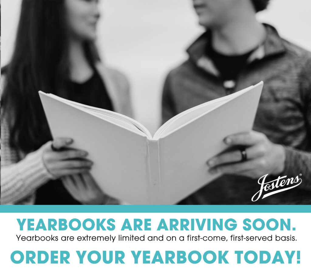Two people hold an open yearbook, promoting limited availability and encouraging orders.