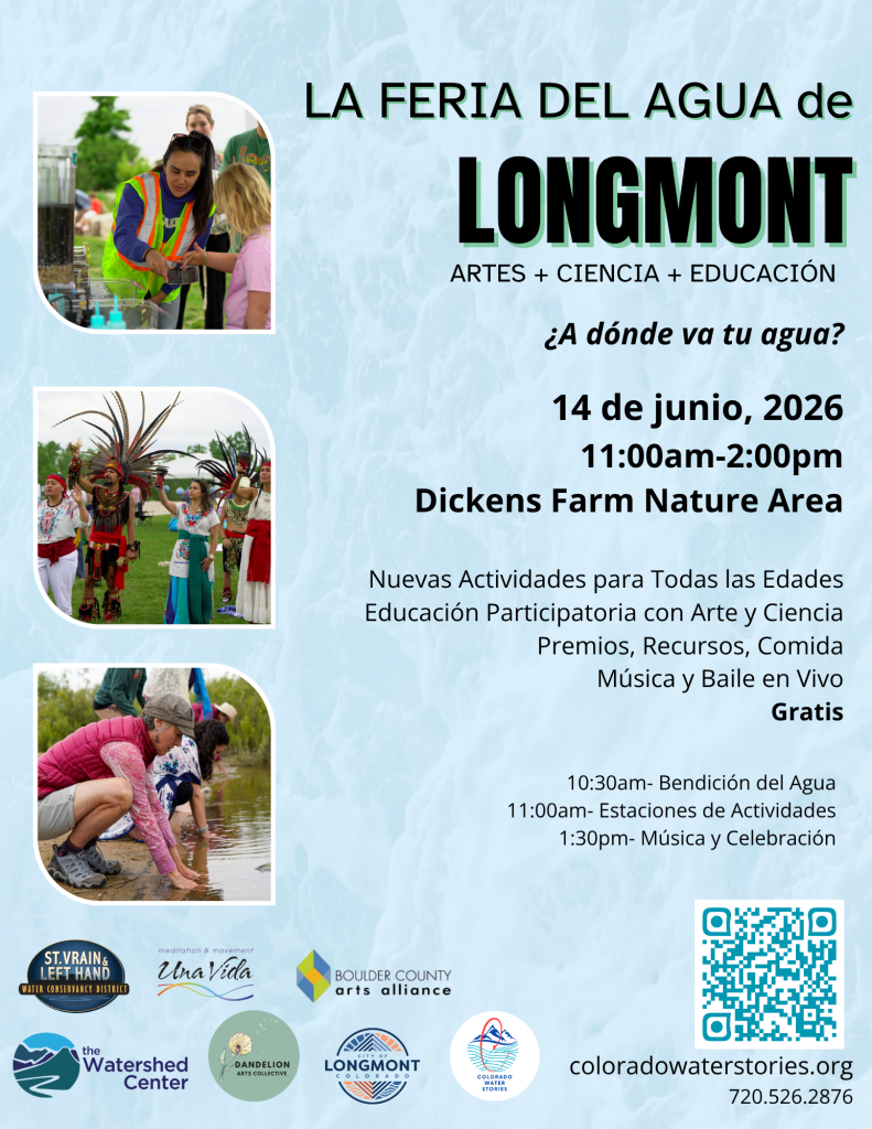 Event flyer for Longmont Water Fair on June 14, 2026, featuring activities, music, and education at Dickens Farm Nature Area.
