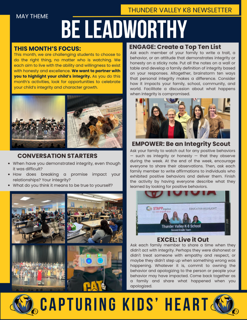Newsletter promoting integrity and character growth, featuring activities for families to engage and empower children.