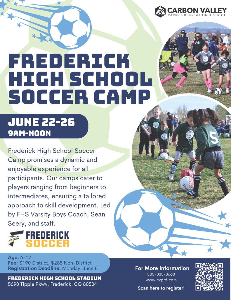 Promotional flyer for Frederick High School Soccer Camp, June 22-26, 9 AM-Noon, for ages 6-12 with skill development.