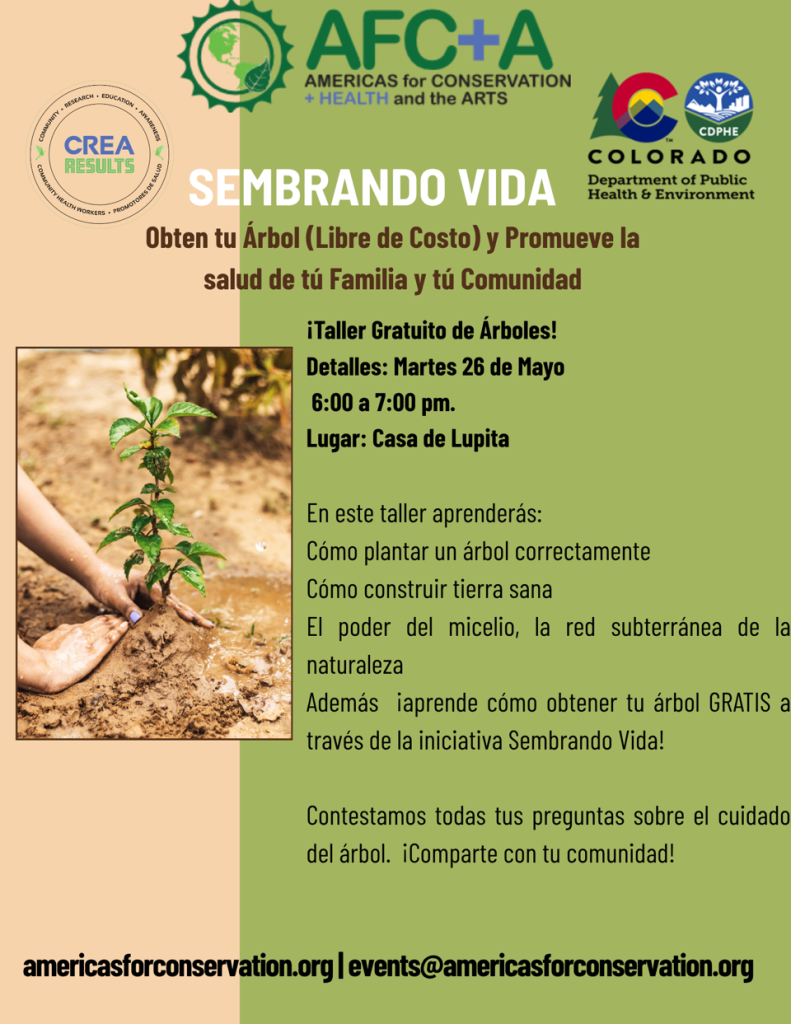 Folleto promocional de un taller gratuito sobre plantación de árboles que tendrá lugar el 26 de mayo, de 18:00 a 19:00, en la Casa de Lupita. Aprende a cuidar los árboles y a mantener la salud del suelo.