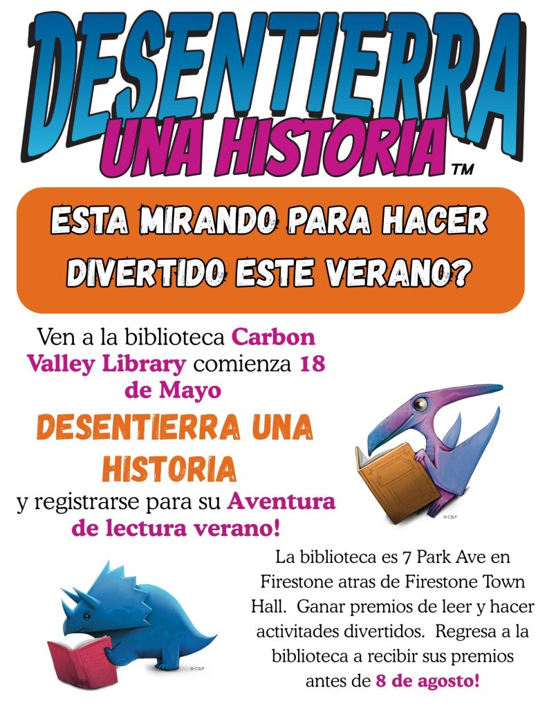 Cartel a todo color que promociona un programa de lectura de verano en Carbon Valley , con dinosaurios y actividades de lectura.