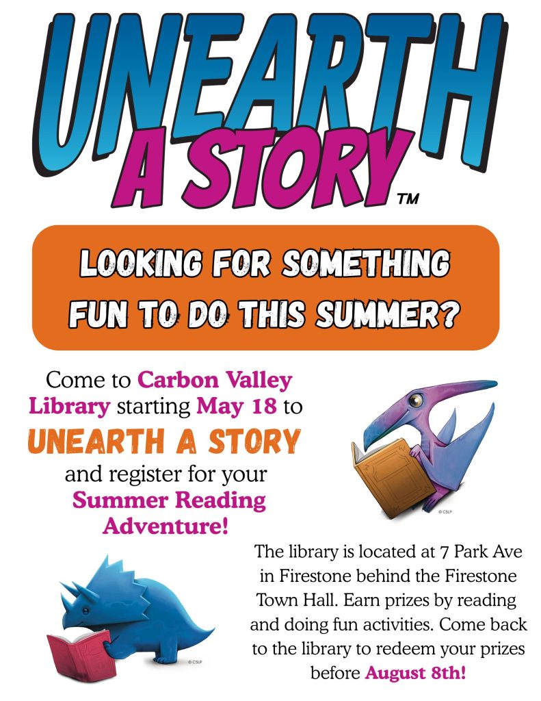 Folleto a todo color que promociona el programa de lectura de verano Carbon Valley , «Unearth a Story», que comienza el 18 de mayo.