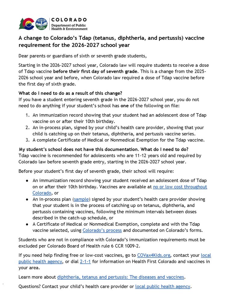 Aviso sobre el requisito de vacunación con la vacuna Tdap en Colorado para los alumnos de sexto y séptimo curso durante el curso escolar 2026-2027.