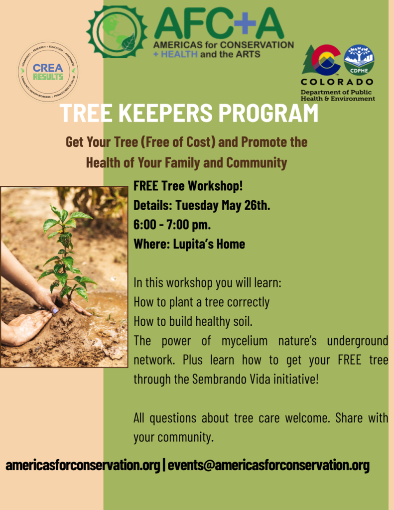 Folleto promocional de un taller gratuito sobre árboles que tendrá lugar el 26 de mayo en Lupita's Home, en el que se tratarán temas como la plantación de árboles y la salud del suelo.
